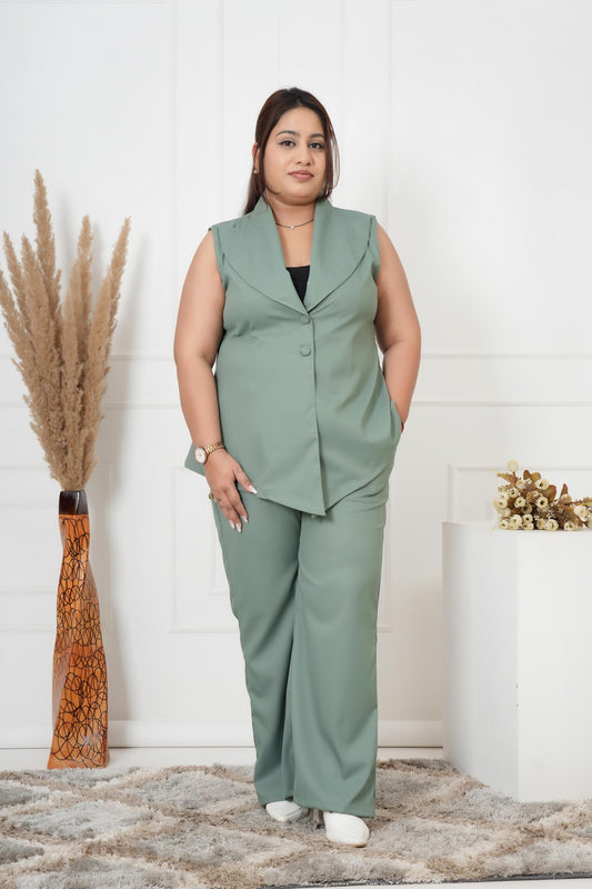 Sage Power Co-ord Set – Plus Size Sleeveless Blazer & Wide-Leg Pants