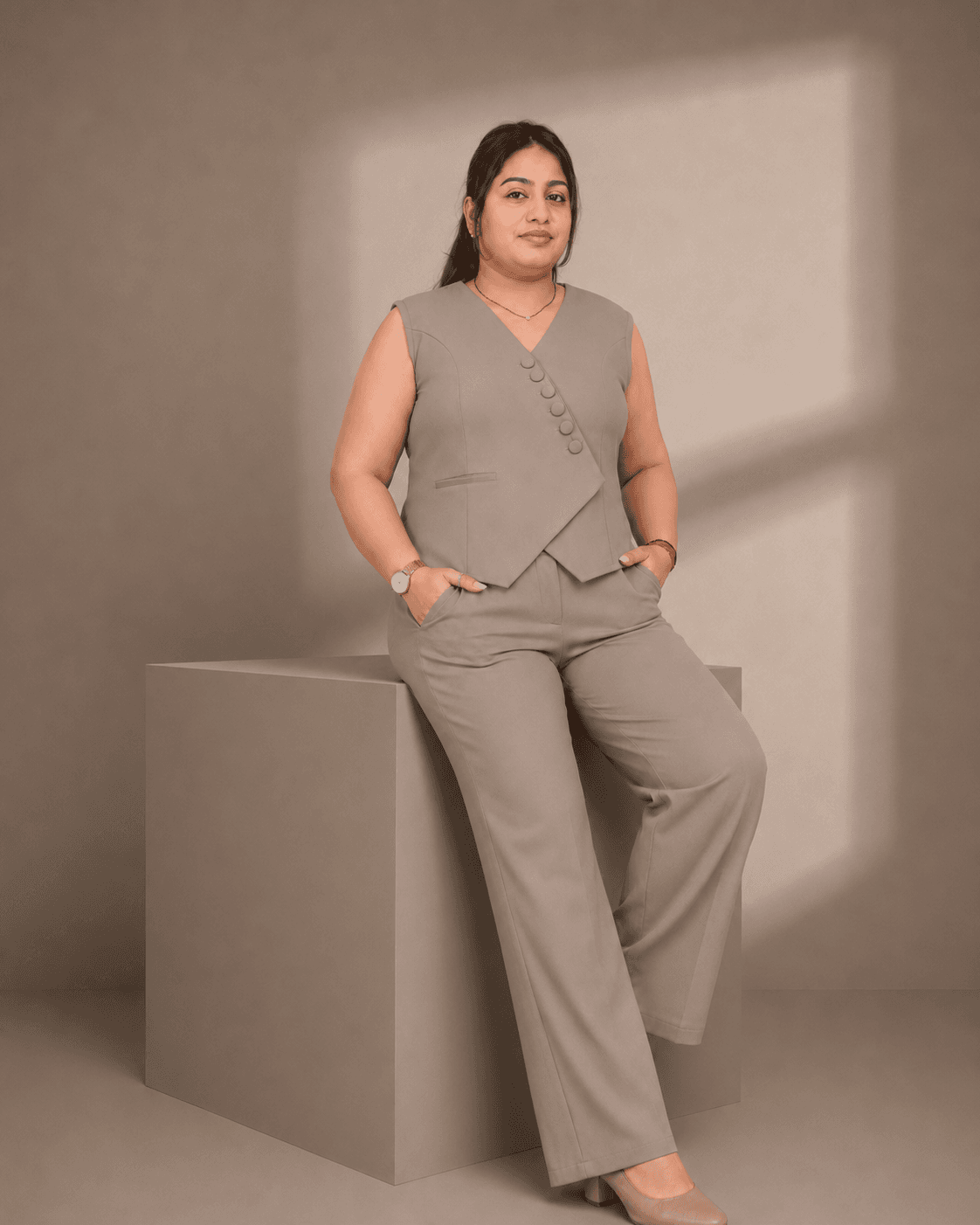 Sage Power Co-ord Set – Plus Size Sleeveless Blazer & Wide-Leg Pants