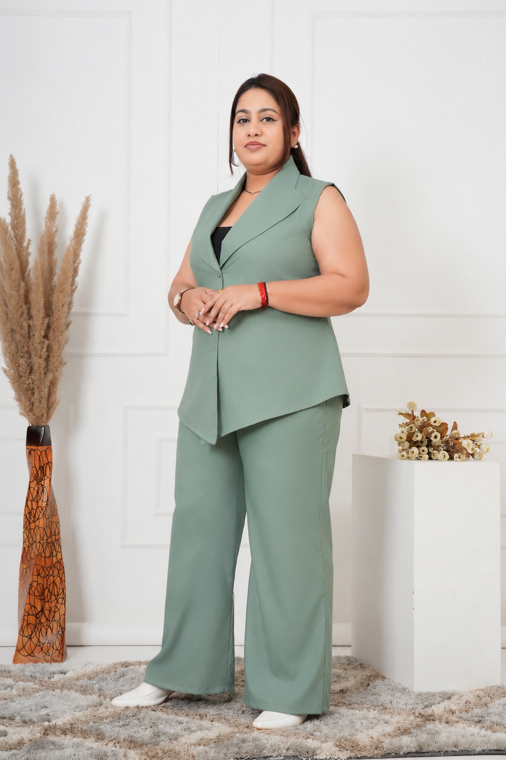 Sage Power Co-Ord Set – Plus Size Sleeveless Blazer & Wide-Leg Pants
