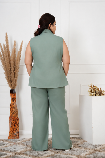 Sage Power Co-Ord Set – Plus Size Sleeveless Blazer & Wide-Leg Pants