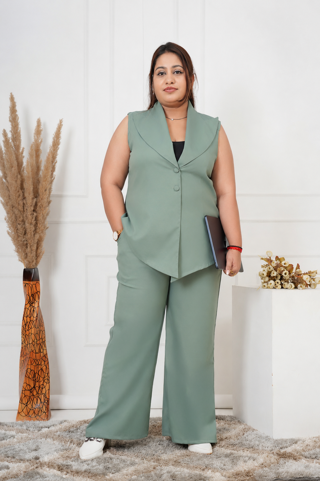 Sage Power Co-Ord Set – Plus Size Sleeveless Blazer & Wide-Leg Pants