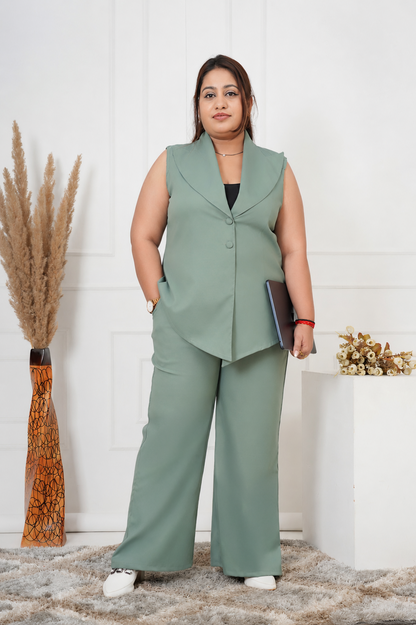 Sage Power Co-Ord Set – Plus Size Sleeveless Blazer & Wide-Leg Pants