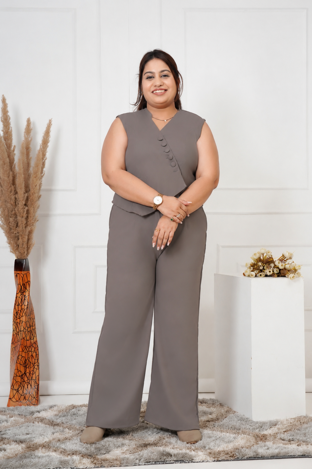 Mocha Power Co-Ord Set – Sleeveless Blazer & Wide-Leg Pants (Plus Size)