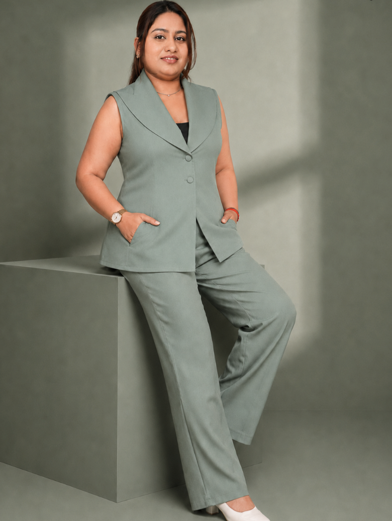 Mocha Power Co-ord Set – Sleeveless Blazer & Wide-Leg Pants (Plus Size)