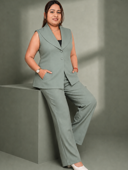 Mocha Power Co-ord Set – Sleeveless Blazer & Wide-Leg Pants (Plus Size)
