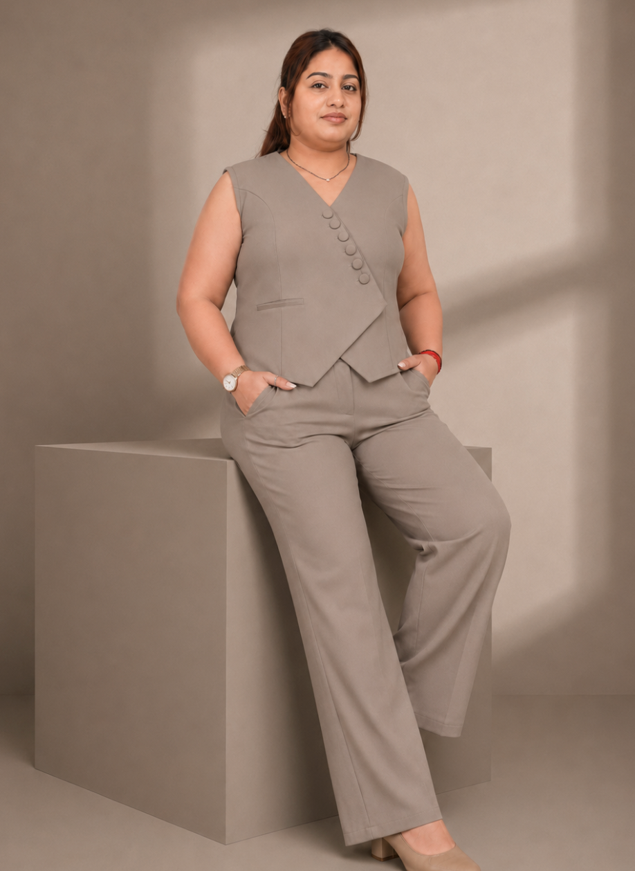 Sage Power Co-ord Set – Plus Size Sleeveless Blazer & Wide-Leg Pants