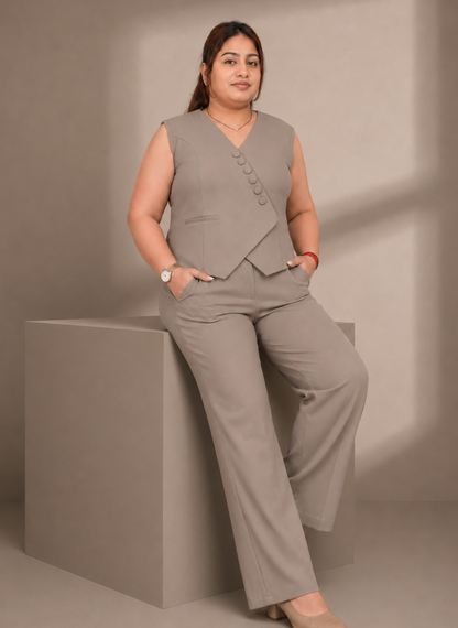 Sage Power Co-ord Set – Plus Size Sleeveless Blazer & Wide-Leg Pants